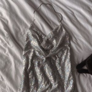 Sequin Halter, Low-Back Detail Dress